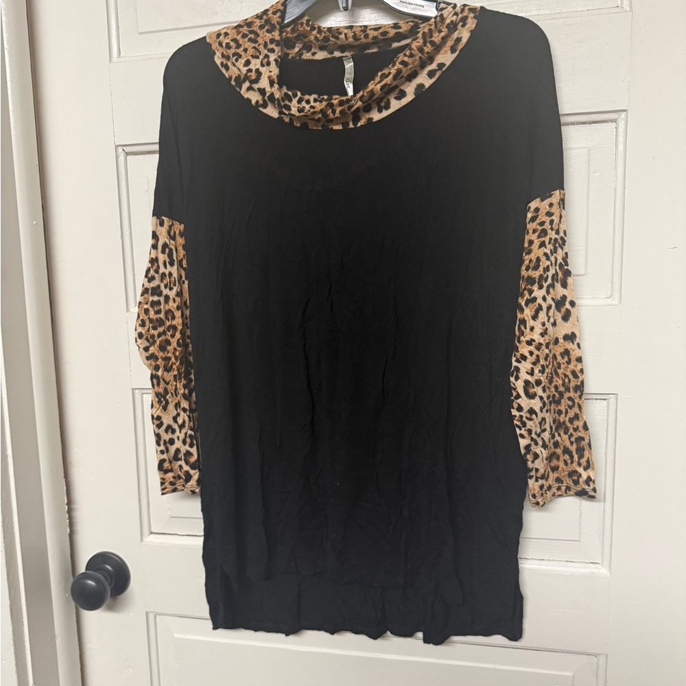 Leopard Trim Black Women's Cowl Neck Top